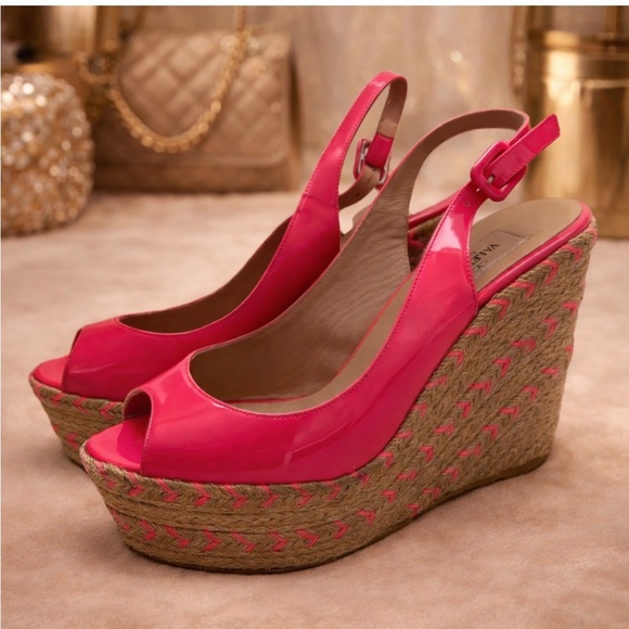 Valentino Garavani Pink Patent Leather Espadrille Wedges Fits Like 6.5